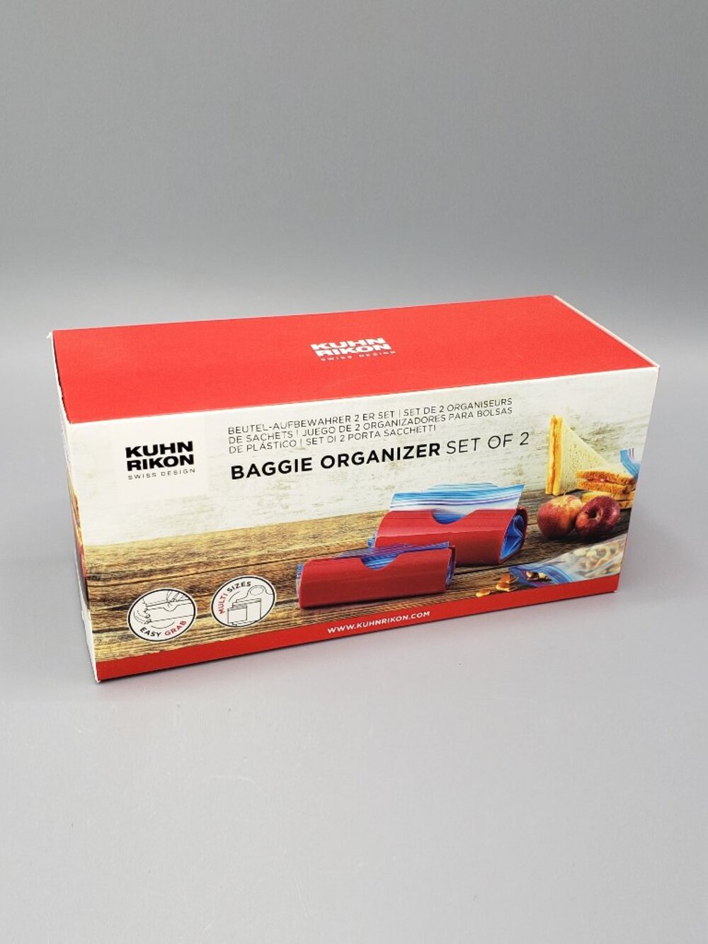 NEW Kuhn Rikon Swiss Design Baggie Organizer Set of 2 in Red Bag Holder 23053